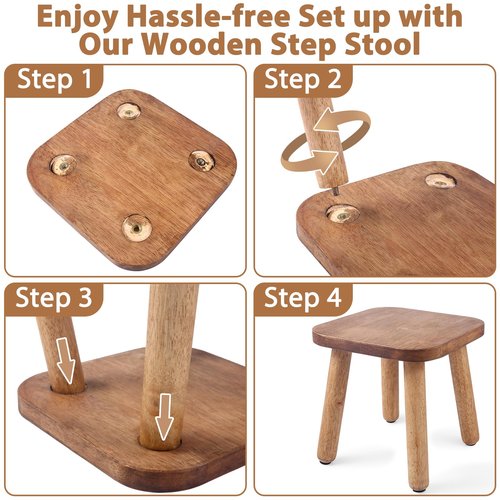 Wesketch 9.3 Inch Wooden Step Stool for Adults and Toddlers, Portable & Sturdy, Plant Stool with Four Detachable and Assembled Legs for Playroom, Kitchen, Bedroom, Bathtub-Walnut