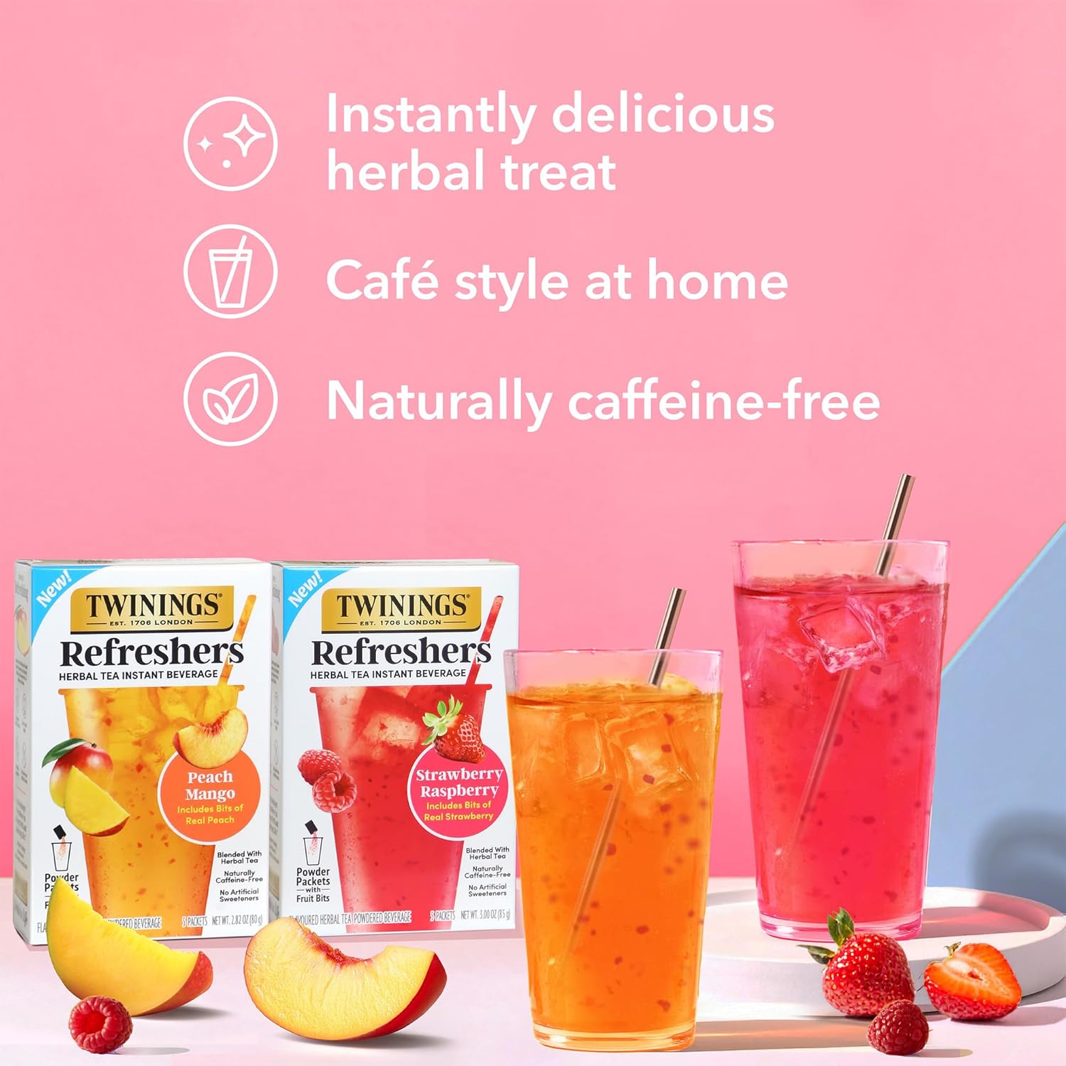 Twinings Herbal Tea Refreshers - Strawberry Raspberry Flavor with Real Fruit Bits | Caffeine-Free, 5 Pack