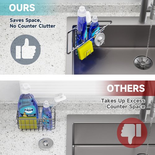 NiHome Extendable Arm Stainless Steel Kitchen Sink Corner Caddy, Easy Install Space-Saving Adjustable Sponge Holder, Non-Slip Rust-Resistant for Brushes, Soap, Sponges (Silver)