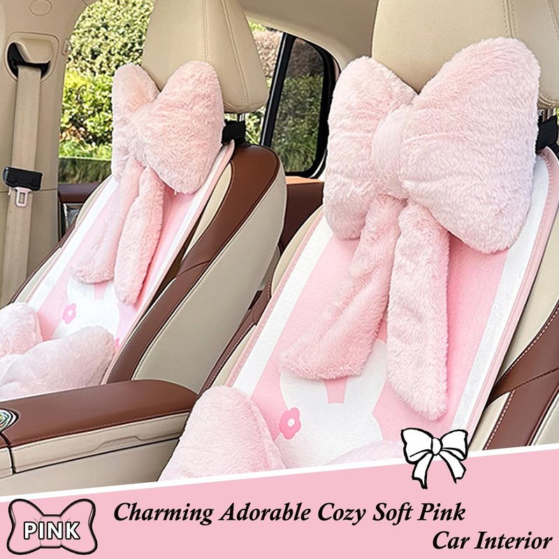 UINSUE Car Neck Pillow 2PCS Plush Bowknot Car Headrest Pillow – Comfortable Neck Support for Driving Soft Touch Fabric Car Pillow Cute Interior Decor (Pink)