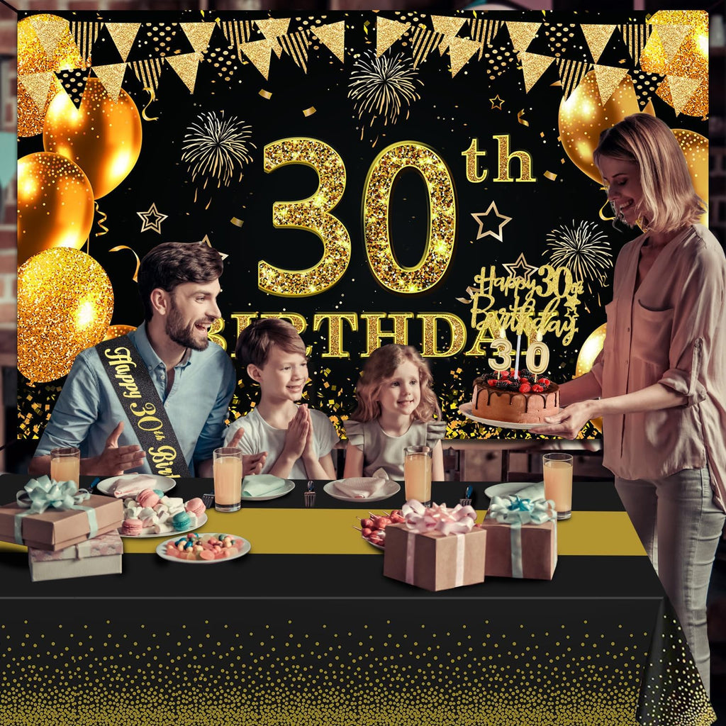 Regine Switzerland 30th Birthday Decorations - Black & Gold Banner, Table Cloth, Balloons & Cake Topper