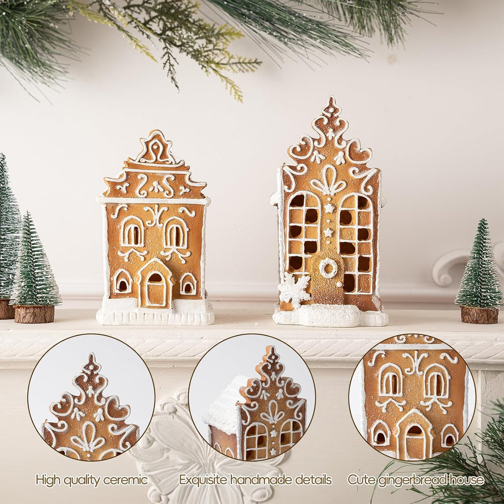 Skiennix Christmas Gingerbread Village House Figurines - Pre-Lit LED Decor | 2-Piece Set