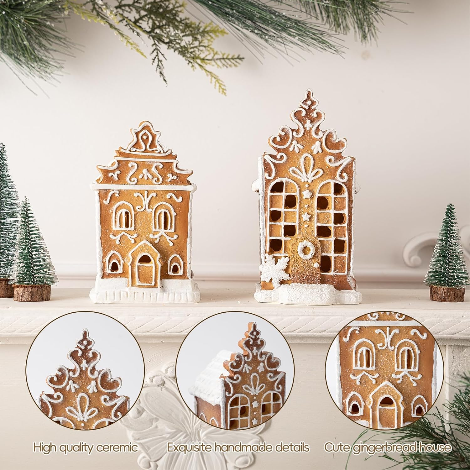 Skiennix Christmas Gingerbread Village House Figurines - Pre-Lit LED Decor | 2-Piece Set