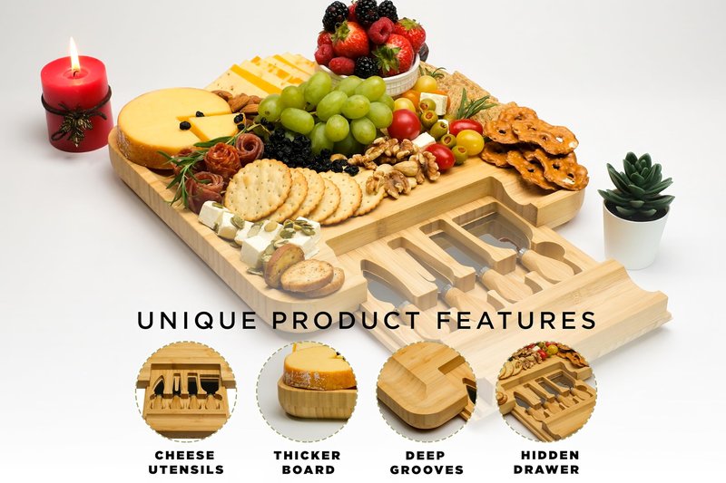 Demin Design Bamboo Cheese Board Charcuterie Board Gift Set - House Warming & Wedding Gifts, Bridal Shower &, Mother's Day & Valentine's Day Idea