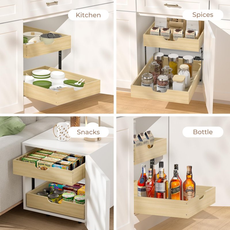 COOLBEBE Pull Out Drawer Organizer for Cabinets, 2 Tier Soft Close Cabinet Drawers Slide Out, 2 Layer Wood Double Tier Pull Out Shelves for Kitchen, Pantry, Bathroom