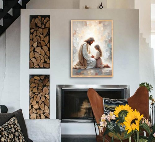 Jesus Wall Art - Christian Spiritual Painting of Jesus Praying with Child | Unframed Religious Decor