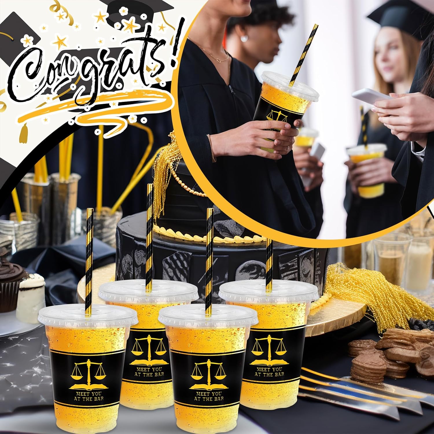Whaline 50Pcs 12Oz Law School Graduation Cups - Disposable Plastic with Lids & Straws | Congrats Grad Party Supplies