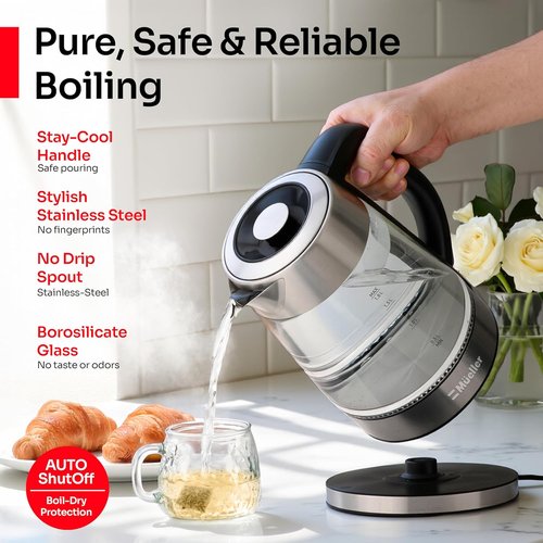 Mueller Rapid Boil Electric Tea Kettle 1.8L - BPA-Free Borosilicate Glass & Stainless Steel - Auto Shut-Off & LED Light