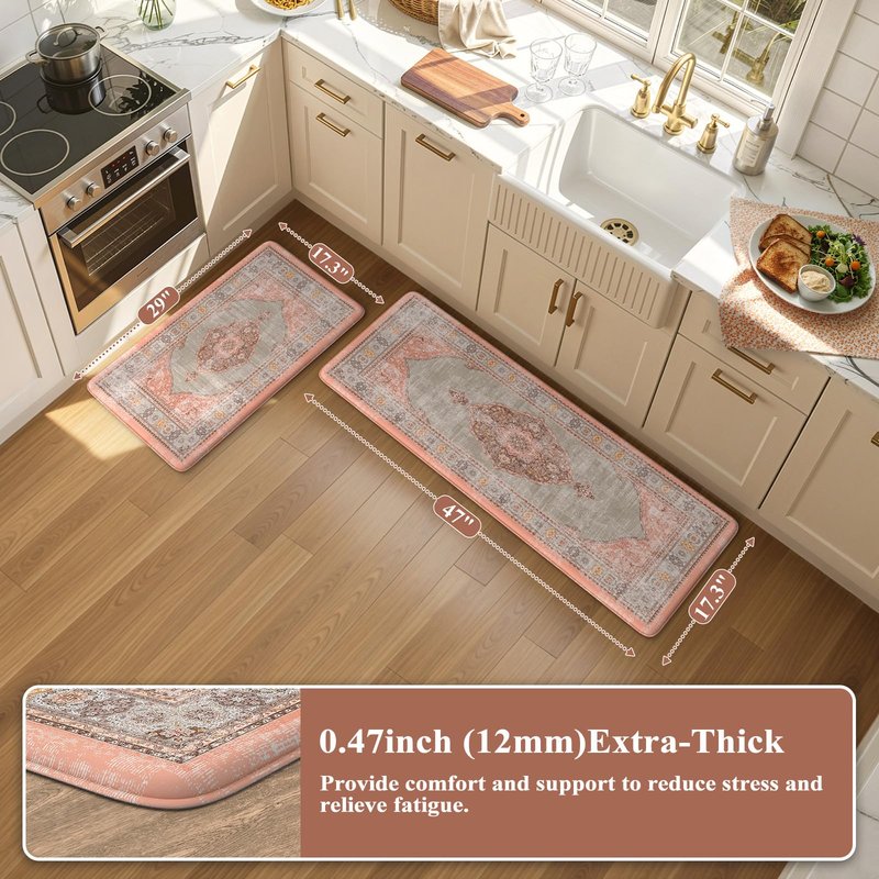 Collive Anti Fatigue Kitchen Mats, Boho Cushioned Kitchen Floor Mat Waterproof Kitchen Rugs Set of 2, Non Skid Comfort Standing Mat for Office, Sink, Laundry, 20"x32"+20"x48"