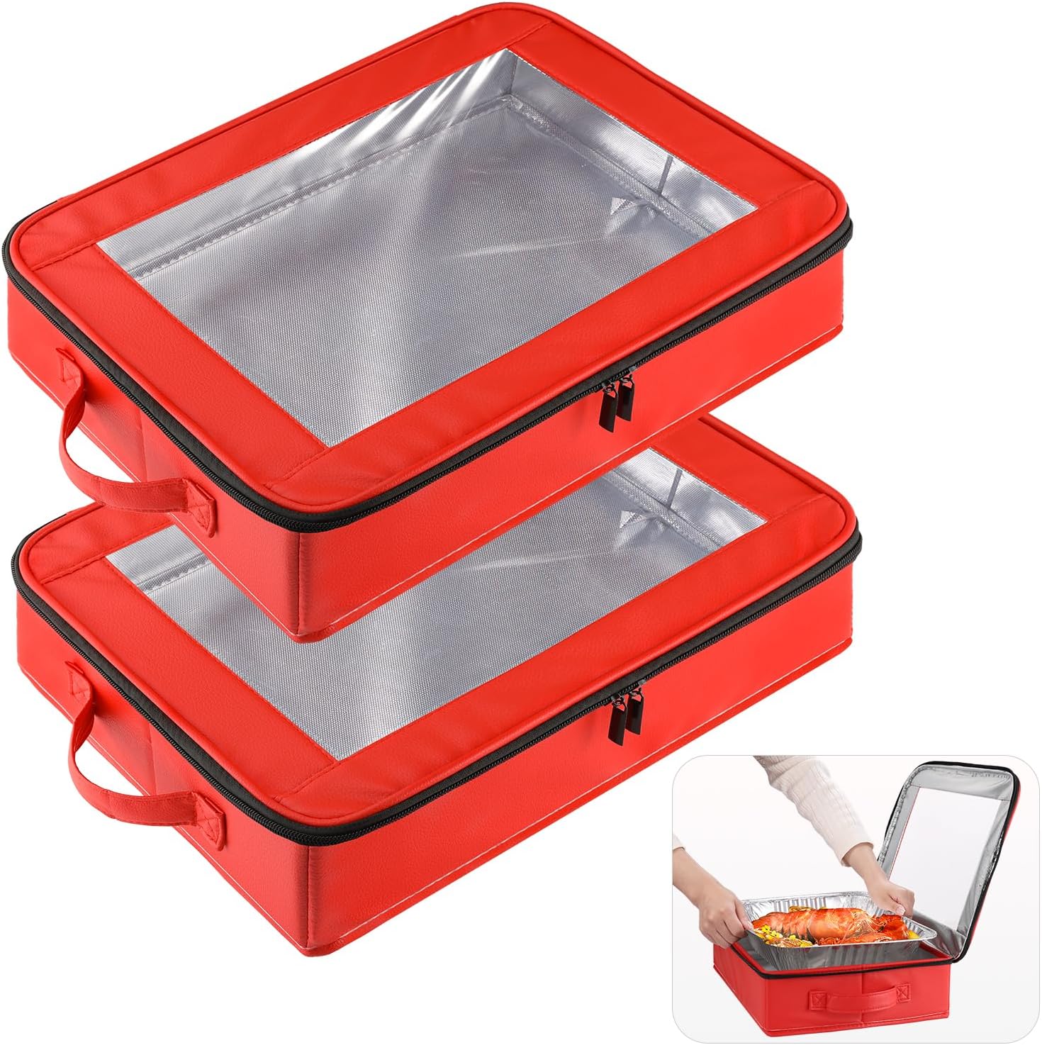 OUTXE 9x13 in Foil Pan Carrier - PU Leather Holder with Handle for Travel & Parties | Red