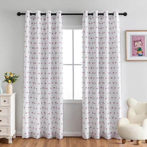 MYSKY HOME 100% Blackout Curtains for Girls Bedroom 84 Inches Long with Purple Pom Pom Sheer Total Light Blocking Curtains for Living Room 2 Panels Grommet Room Darkening Window Drapes 52W x 84L