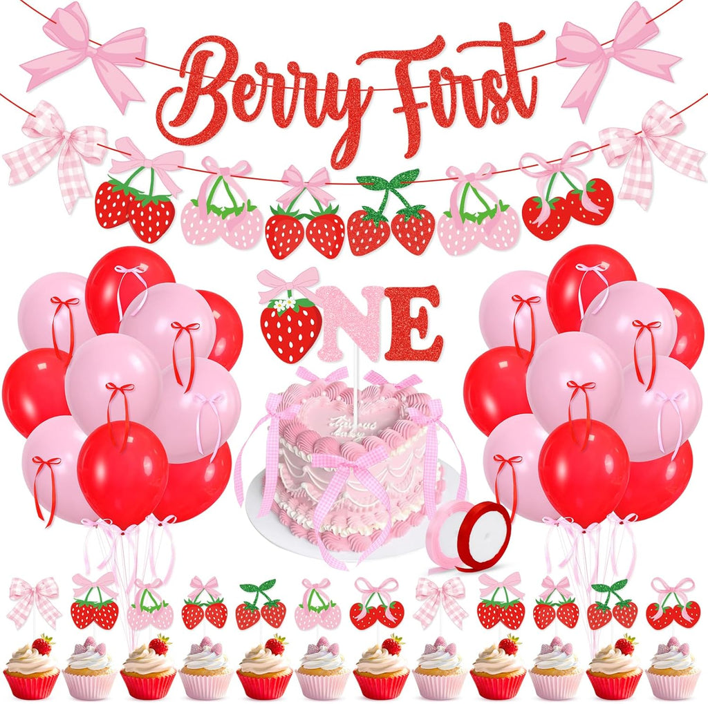 Skiennix Pink Bow Strawberry First Birthday Party Decor - Glitter Banners & Balloons for Girls