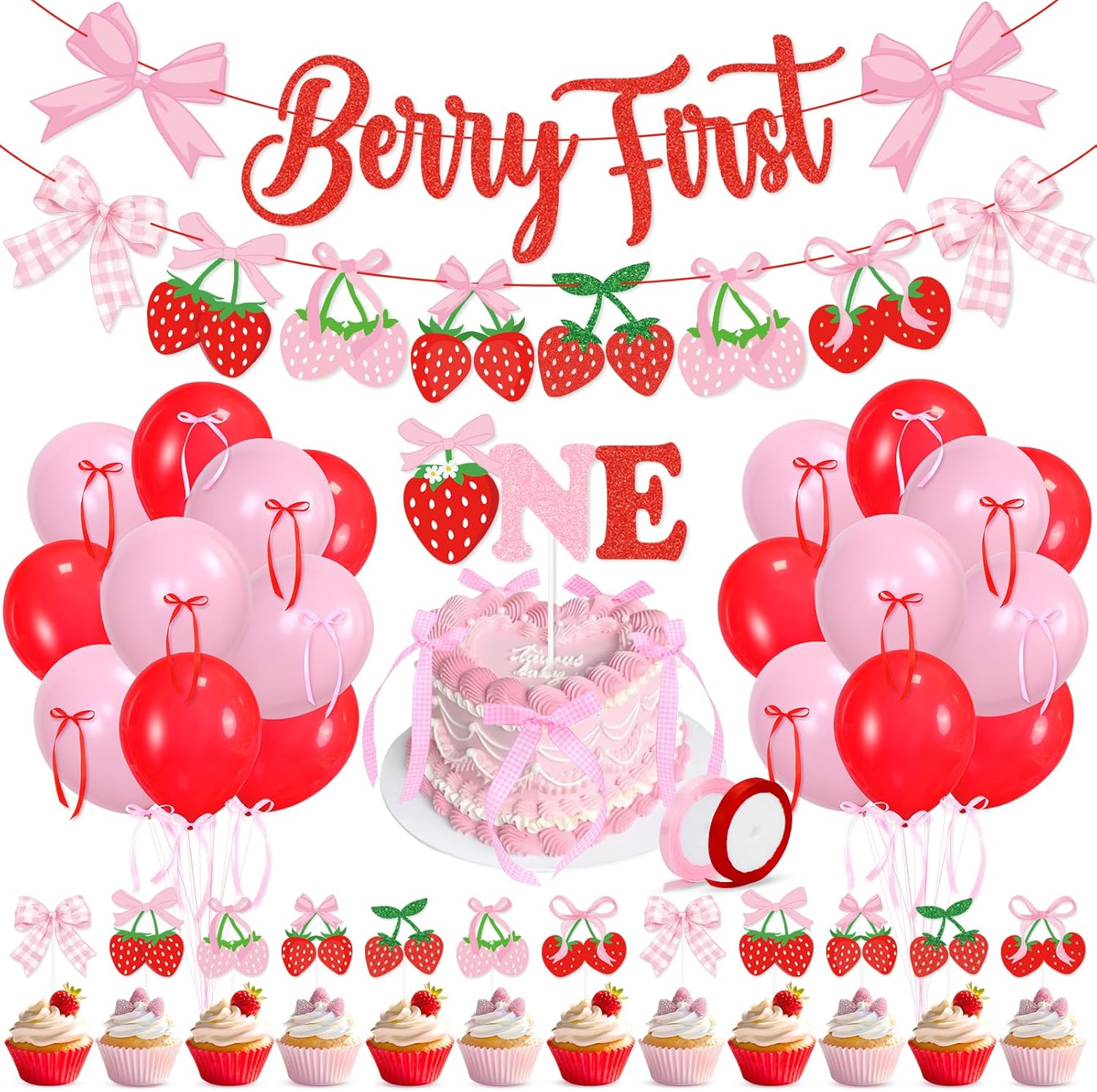 Skiennix Pink Bow Strawberry First Birthday Party Decor - Glitter Banners & Balloons for Girls