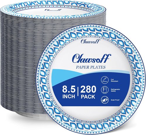 Clawsoff 280 Count Heavy Duty 8.5 Inch Paper Plates - Soak Proof & Cut Proof Disposable Dinnerware