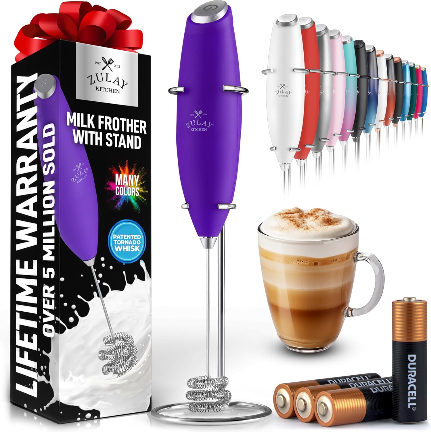 Zulay Kitchen Tornado Triple Whisk Milk Frother - Handheld Foam Maker for Coffee & Lattes - Purple