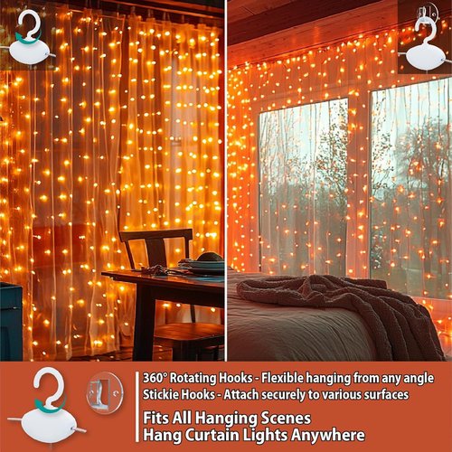 HXWEIYE 300LED Fairy Curtain Lights - 9.8x9.8Ft USB Plug-In with Remote | 8 Modes for Indoor Decor, Orange