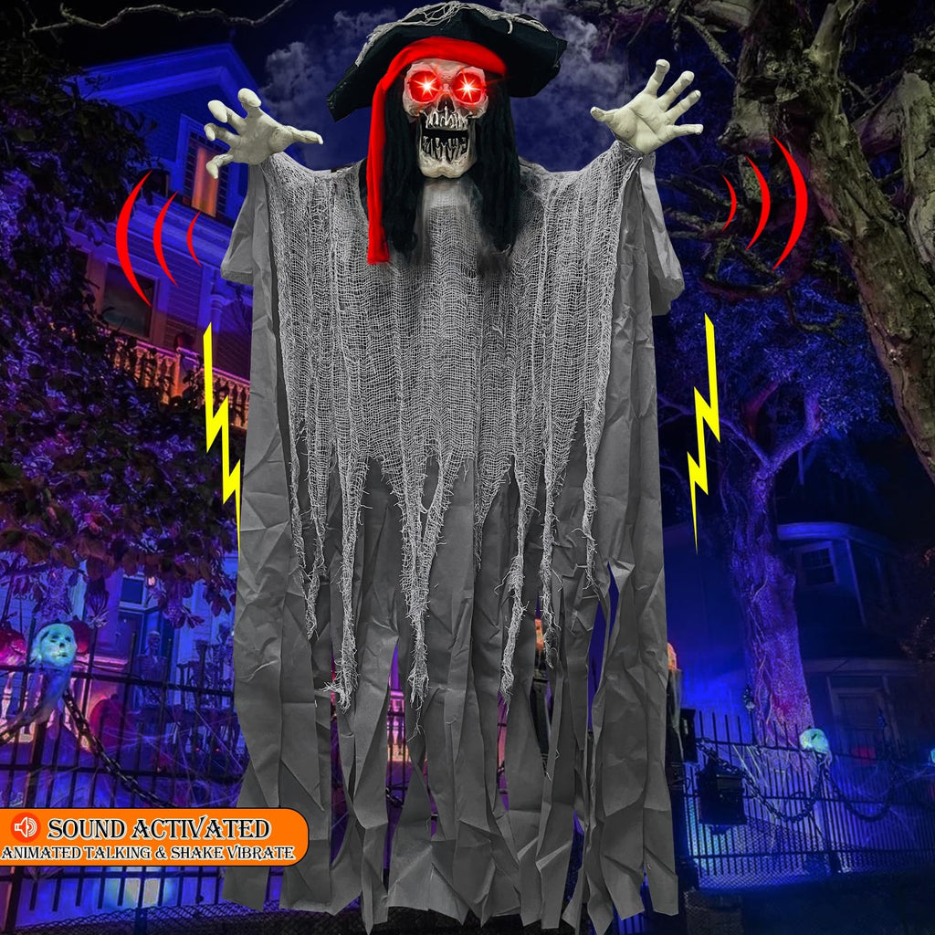 [ Sound Activated & Large ] 70 Inch Halloween Animatronic Hanging Talking Pirate Ghost Decoration Light up Eyes Shake Life Size Skull Skeleton Halloween Decor Outdoor Haunted House Prop Yard Party