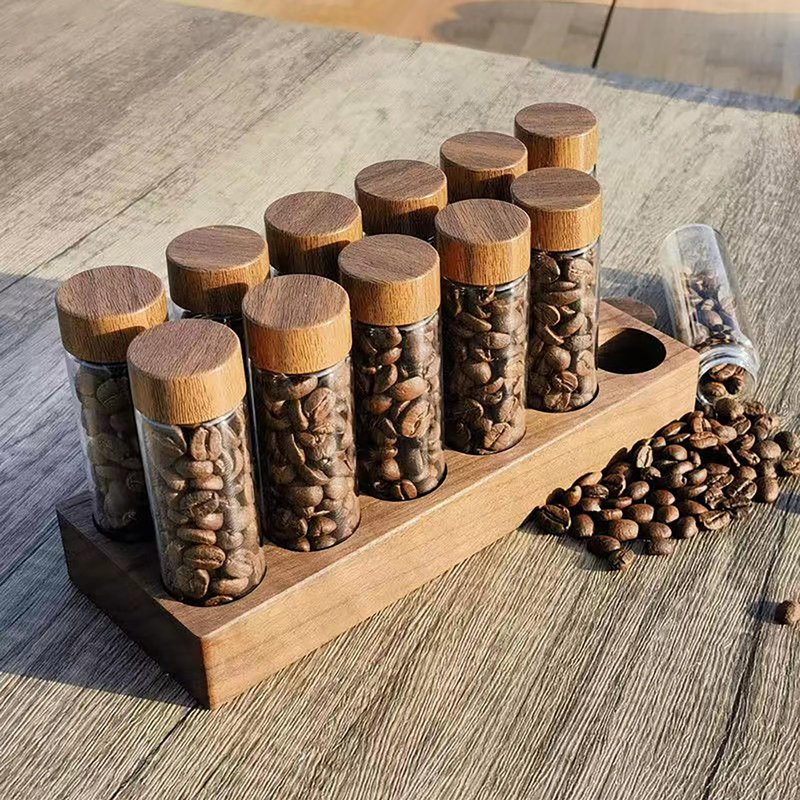 TREELF Coffee Bean Storage,Coffee Storage Container with Walnut Solid Wood Base,Coffee Bean Container,12 Tubes Single Dose with Wooden Holder(Type 1)