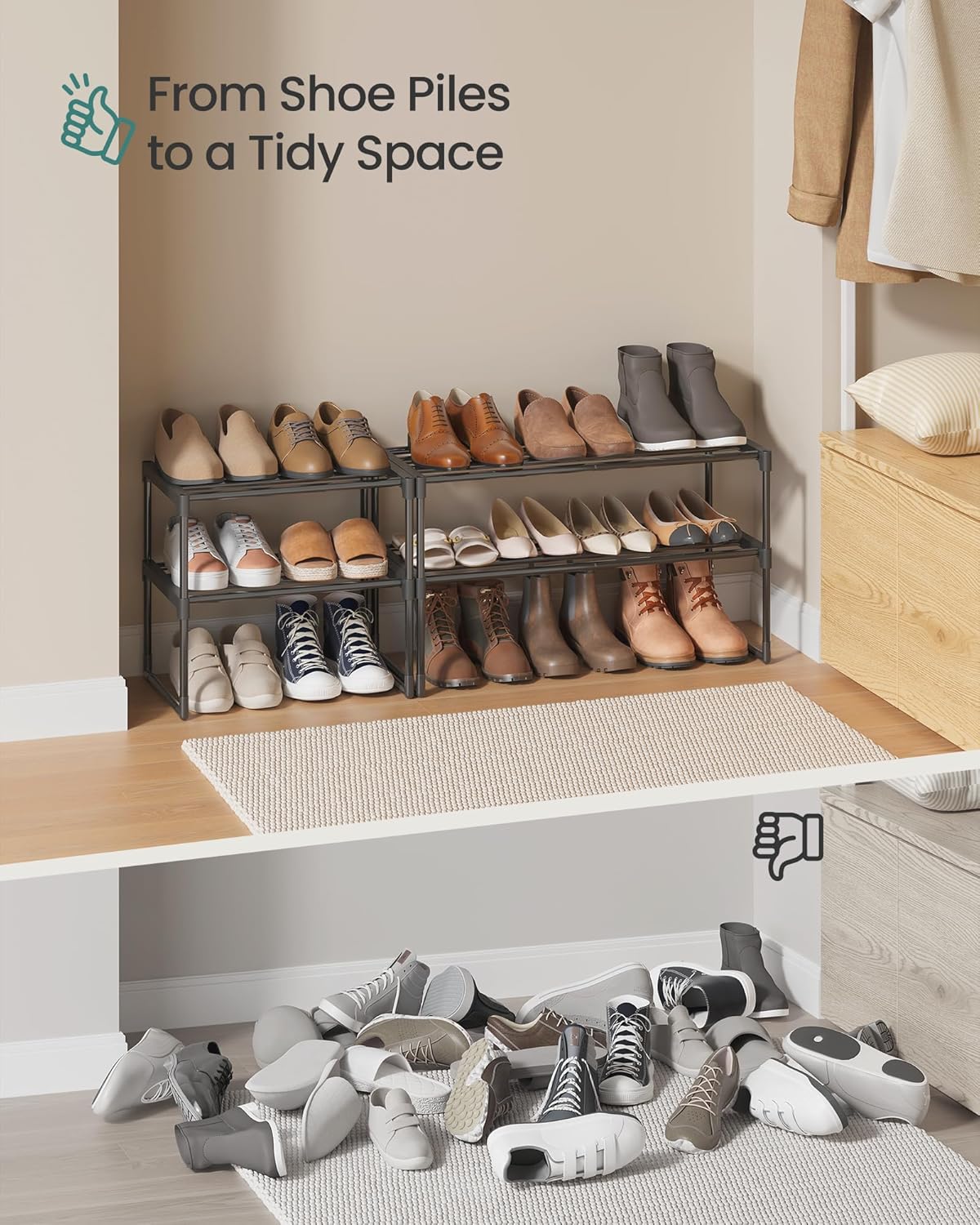 SONGMICS 2-Tier Shoe Rack - Stackable Metal Organizer for 3-6 Pairs | Versatile Entryway Storage, Black 11.8 x 16.7 x 14.8 Inches