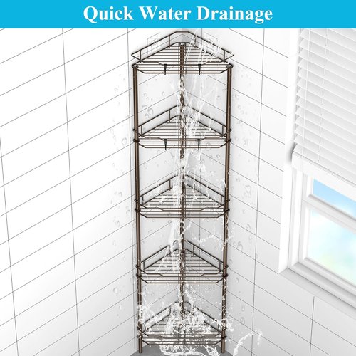 HuggieGems 5-Tier Corner Shower Caddy Organizer - Stylish Bronze Bathroom Shelf with Hooks