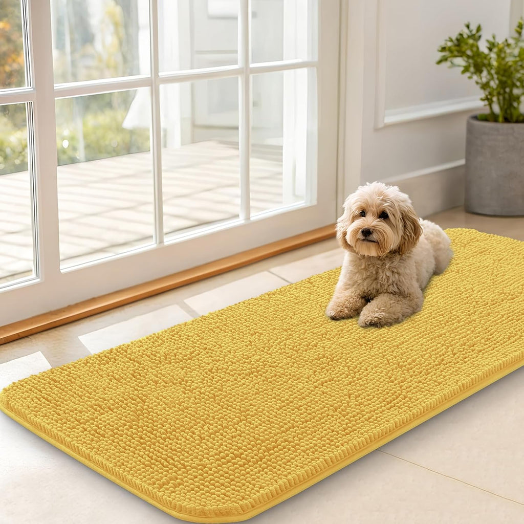 OLANLY Dog Door Mat - Absorbent Non-Slip Chenille Mat for Muddy Paws | 47x20 Inches, Quick Dry, Yellow