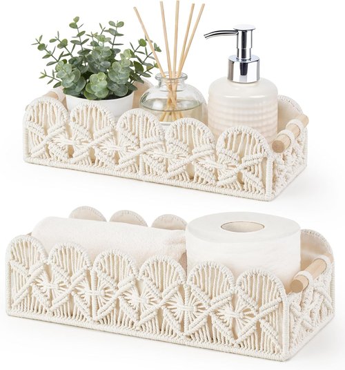 Mkono Macrame Storage Basket - Scalloped Edge Boho Woven Decor | Small Countertop Organizer Set of 2, Ivory