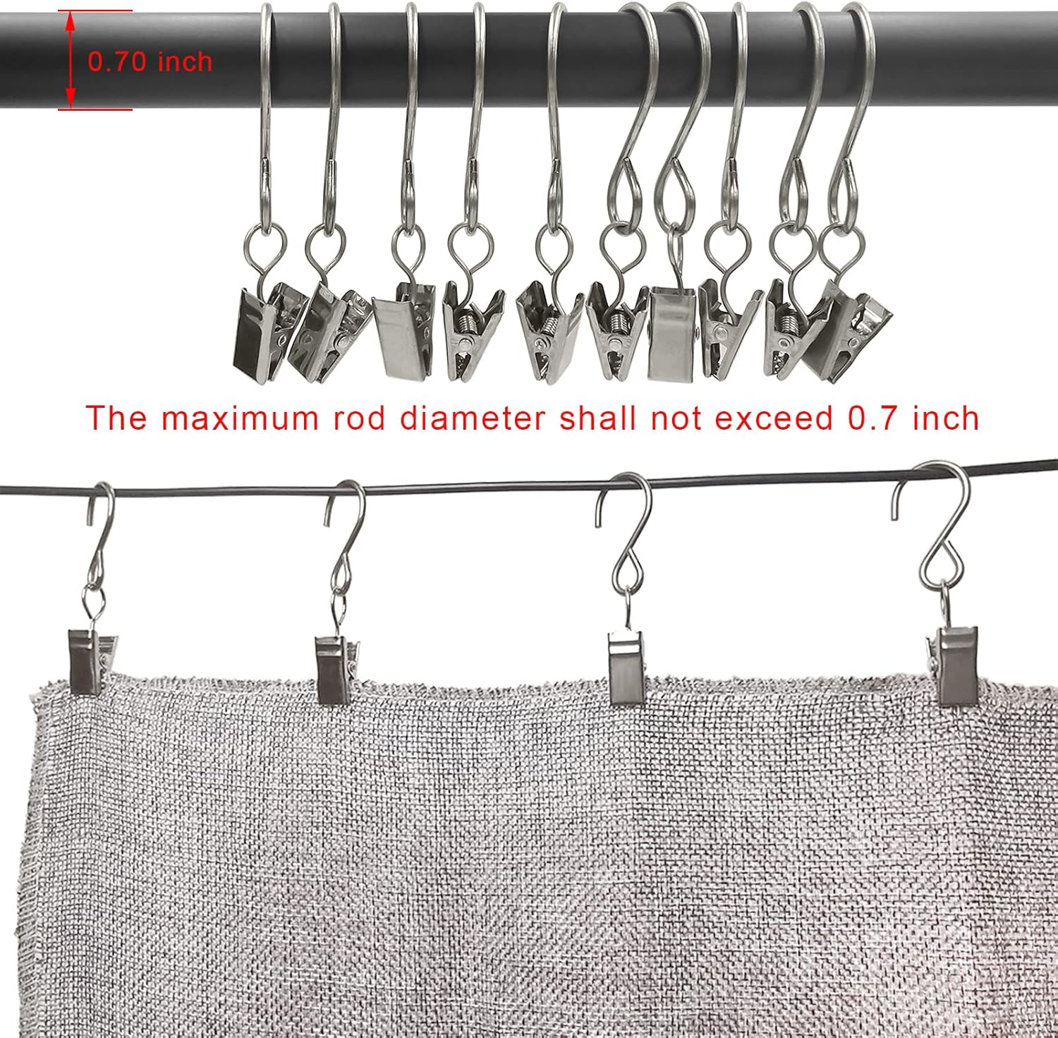 Stainless Steel S Hooks - 50 Pack Curtain Clips for Hanging Lights & Art Displays | 3 Inch, Silver