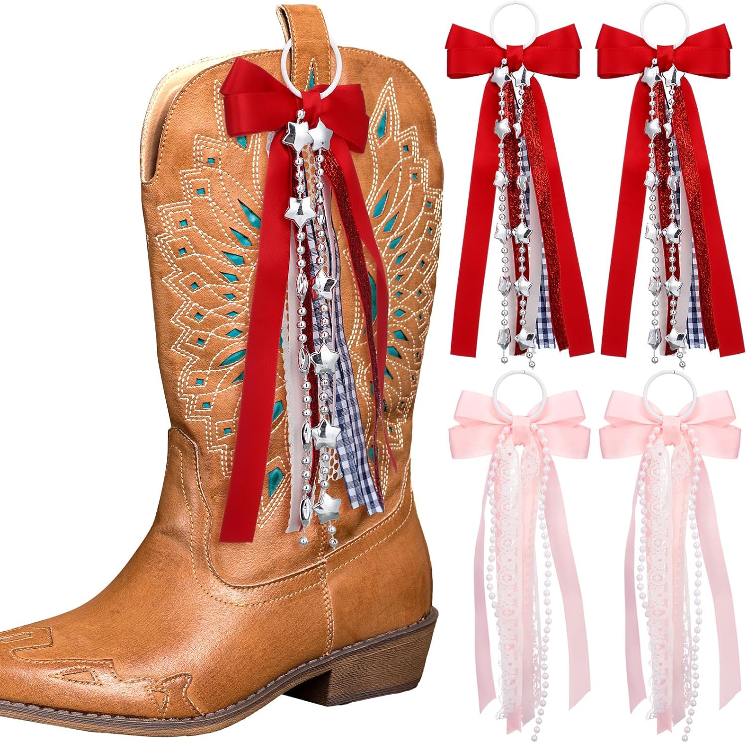 Norme Western Ribbon Boot Bows - 4 Pcs Buffalo Plaid with Glitter Pearl Lace | DIY Shoe Accessories