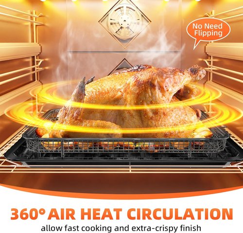 DEGOVIN Air Fryer Pans - Non-Stick Stainless Steel Crisper Tray with Cooking Guide & 30 Parchment Papers | 15.8" × 11" - Black