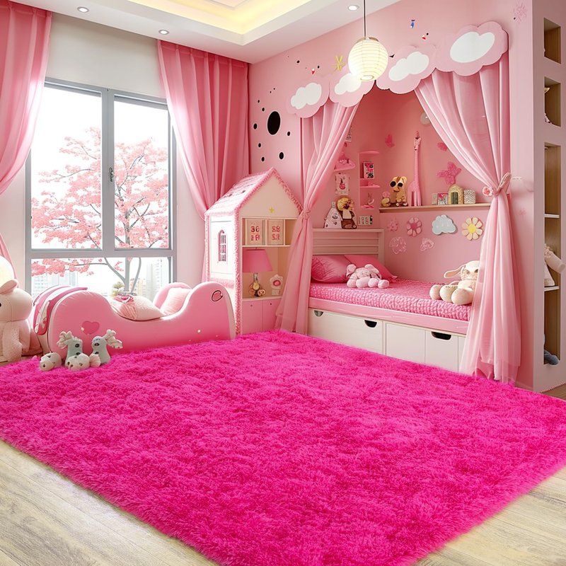 Rezutan Soft Fluffy Rug for Living Room Bedroom, Large Comfy Modern Shaggy Fuzzy Kids, Plush Indoor Nursery Classroom Home Decor Bedside Rug with Non-Slip Bottom, Hot Pink, 5X7 Feet