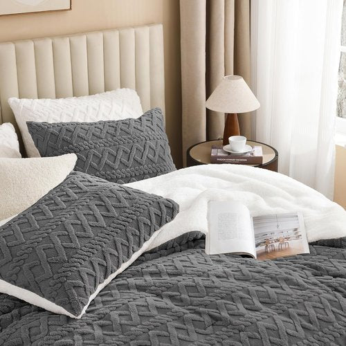 Andency Fluffy Sherpa Queen Comforter Set - Super Soft Gray Fleece Bedding for Winter | 3-Piece Luxury Boho Design