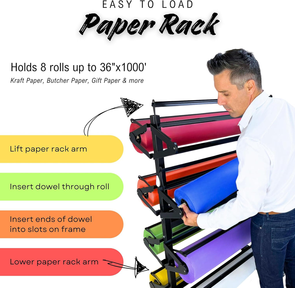 Skiennix Paper Roll Holder - Durable Dispenser Rack & Cutter | 8 Racks for 36" Craft, Gift Wrap & Art Rolls