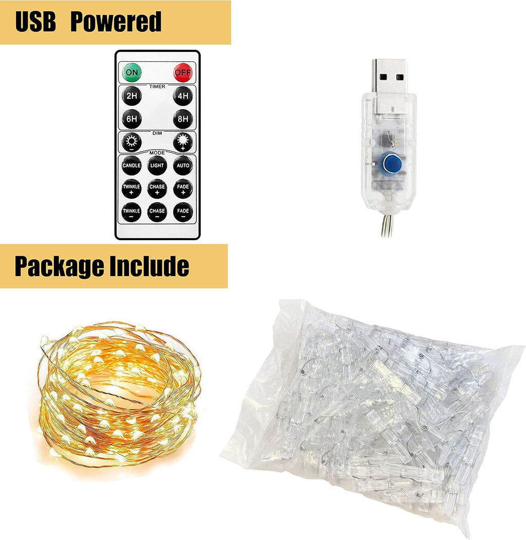 Skiennix 100 LED Photo Clip String Lights - USB Powered Fairy Lights with 50 Clear Clips for Weddings & Decor