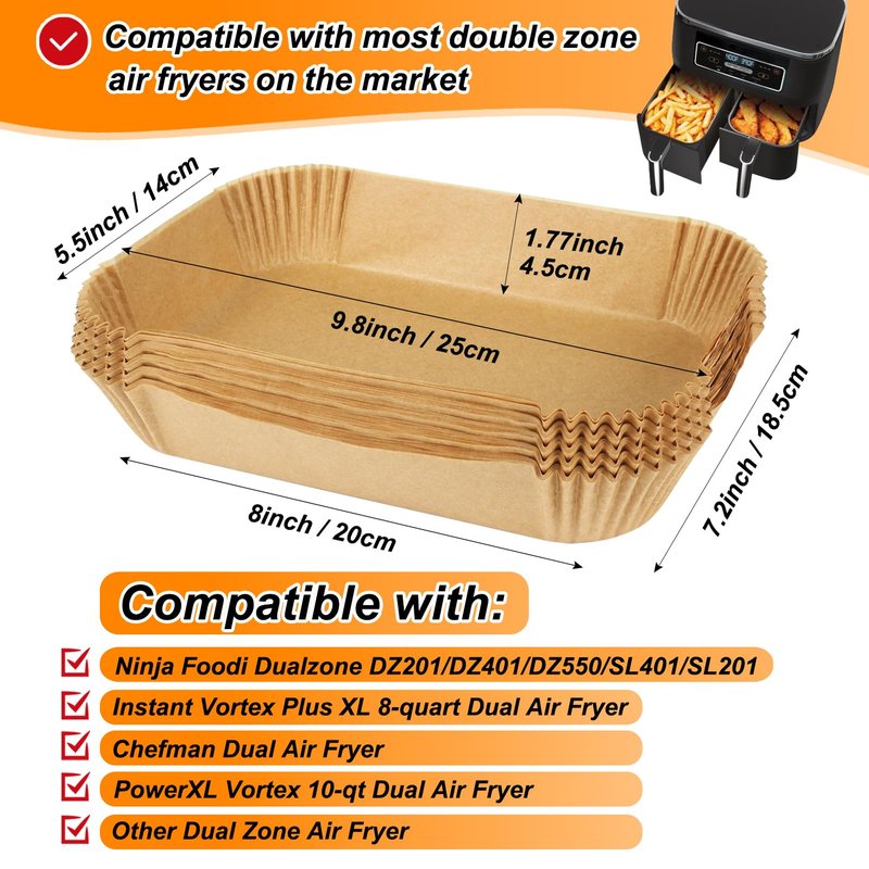 BYKITCHEN Air Fryer Liners for Ninja Dual Air Fryer, Set of 120, Rectangle Disposable Air Fryer Liners Compatible with Ninja DZ201/DZ401/DZ550/SL401, Instant Vortex and Other DualZone Airfryer