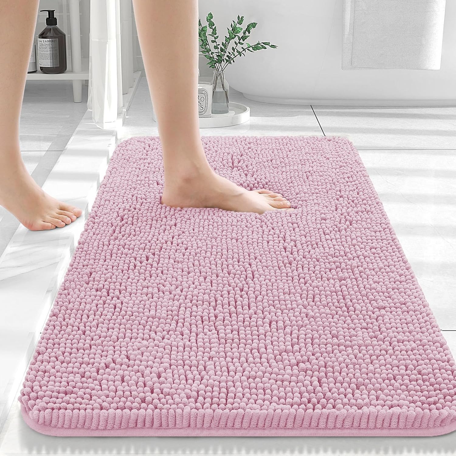 OLANLY Large Bathroom Rugs - Extra Soft Chenille Bath Mats | Quick Dry, Machine Washable, Dusty Rose 44x32