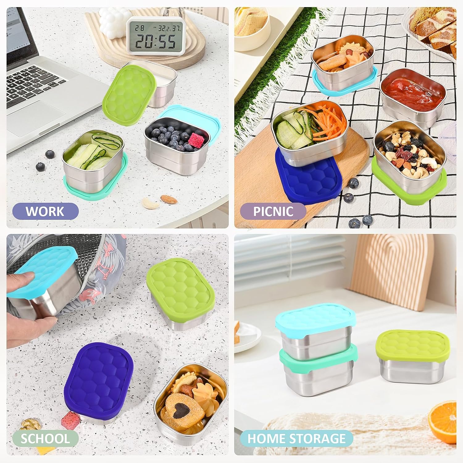 Tanjiae Stainless Steel Snack Containers - 4-Pack 8oz | Reusable Easy-Open Toddler Lunch Box with Silicone Lids