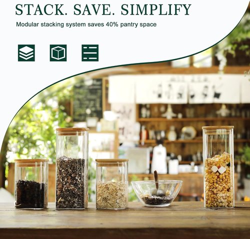 LIBWYS Square Glass Storage Jars - 12-Pack Stackable Containers with Bamboo Lids | 0.6Qt/1.06Qt Kitchen Canisters for Pantry Organization