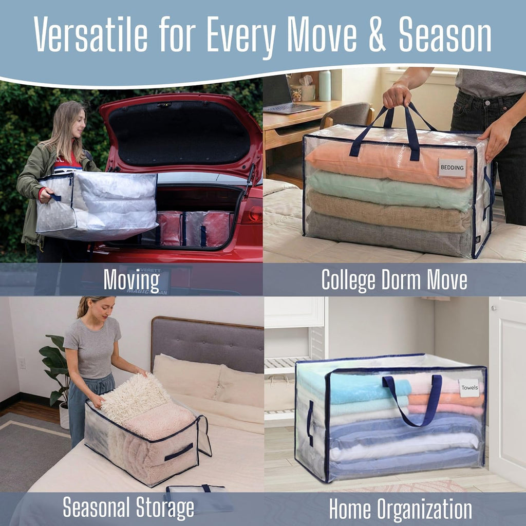VENO Extra Large Clear Moving Bags - Heavy Duty Storage Totes with Reinforced Handles & Strong Zippers | 4 Pack