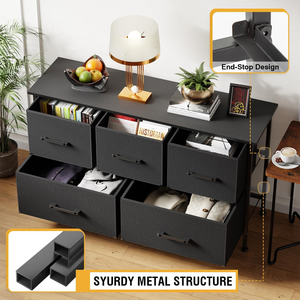 PayLessHere Fabric Dresser - Wide 5-Drawer Chest of Drawers with Metal Frame & Wood Top | Black Storage Unit for Bedroom, Living Room, Entryway