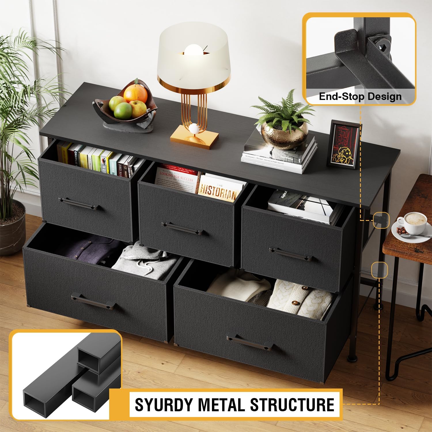 PayLessHere Fabric Dresser - Wide 5-Drawer Chest of Drawers with Metal Frame & Wood Top | Black Storage Unit for Bedroom, Living Room, Entryway