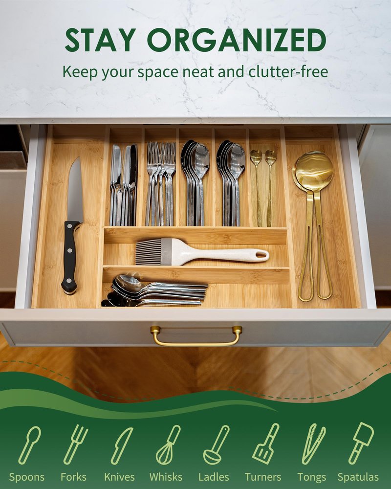 Upolana Premium Bamboo Expandable Drawer Organizer, 7-9 Slots Adjustable Kitchen Drawer Organizer for Large Cooking Utensils Cutlery, Kitchen Drawer Organization