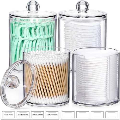 AOZITA Acrylic Qtip Holder Dispenser - 4 Pcs Clear Plastic Apothecary Jar Set for Bathroom Storage