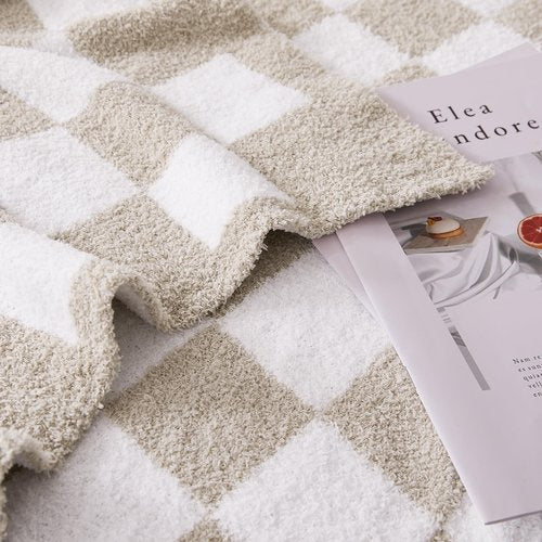 Cozzenity Checkered Throw Blanket, Taupe Soft Cozy Fluffy Knitted Throw Blankets for Couch, Sofa, Bed, Chair, Warm Fuzzy Travel Picnic Lightweight Plaid Blanket, 50x70 inches
