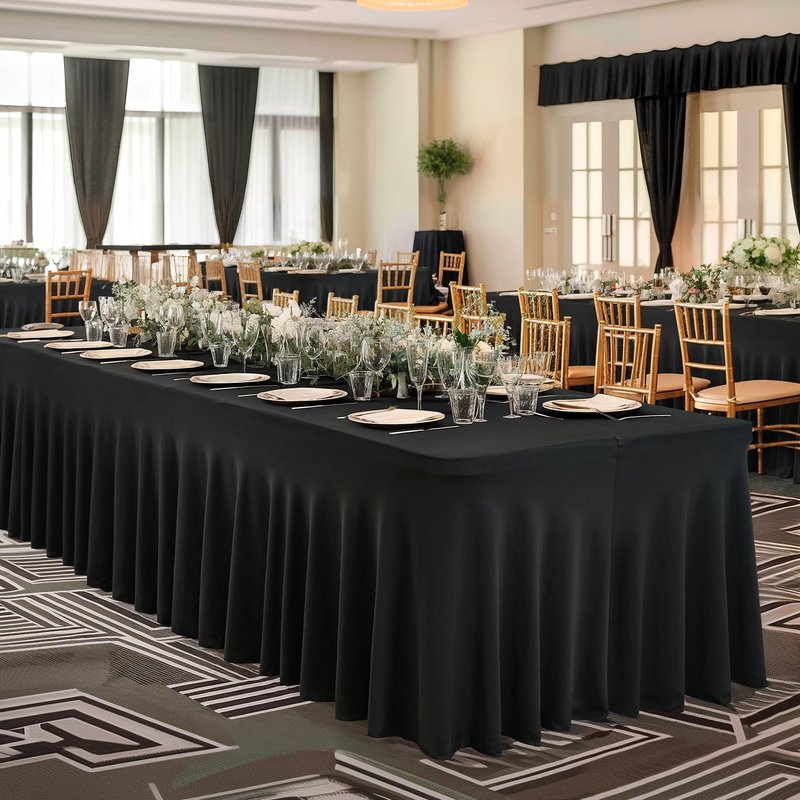 PARTISKY 4 Pack Black Spandex Table Cover with Skirt - 6ft Rectangle One-Piece Stretch Tablecloth for Wedding, Banquet, Birthday Party, Trade Shows & Foldable Tables