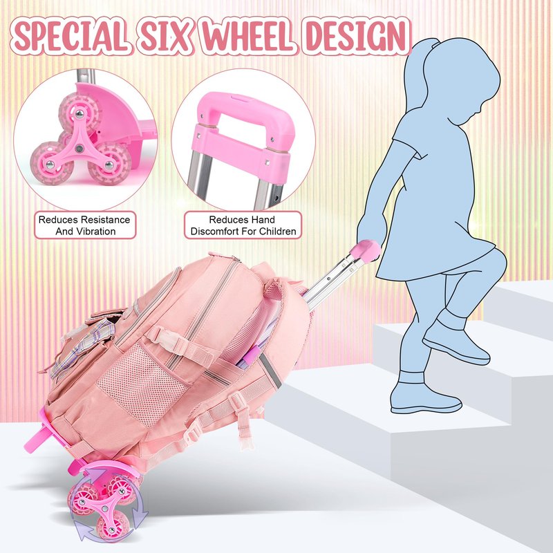 Joceiae Cute Rolling Backpack for Girls, Rolling Wheeled School Bag for Backpack