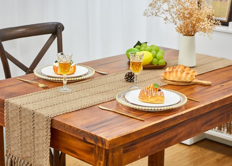 FEXIA Brown Table Runner Boho Burlap Coffee Table Runner with Tassels 90 Inches Long for Farmhouse Home Decor Modern Fall for Bohemian Dining Bedroom Decor Rustic Style (12x90 Inches)