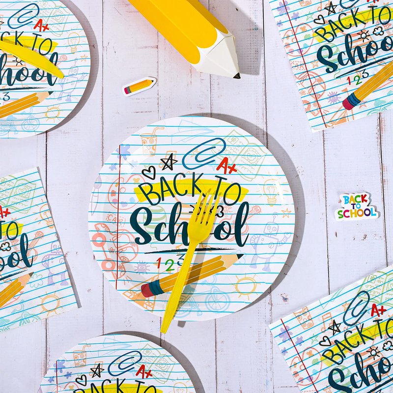 Whaline 75Pcs Back to School Tableware Set Homework Pencil Prints Disposable Dinnerware Set 50Pcs Paper Plates 25Pcs Lunch Napkins for First Day of School Party Supplies Decorations
