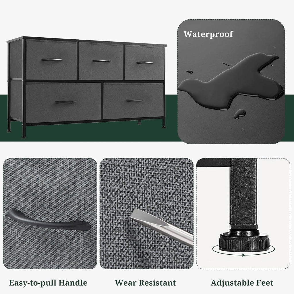 Regine Switzerland 5-Drawer Dresser - Anti-Tip Fabric Storage Organizer with Wooden Top | Gray