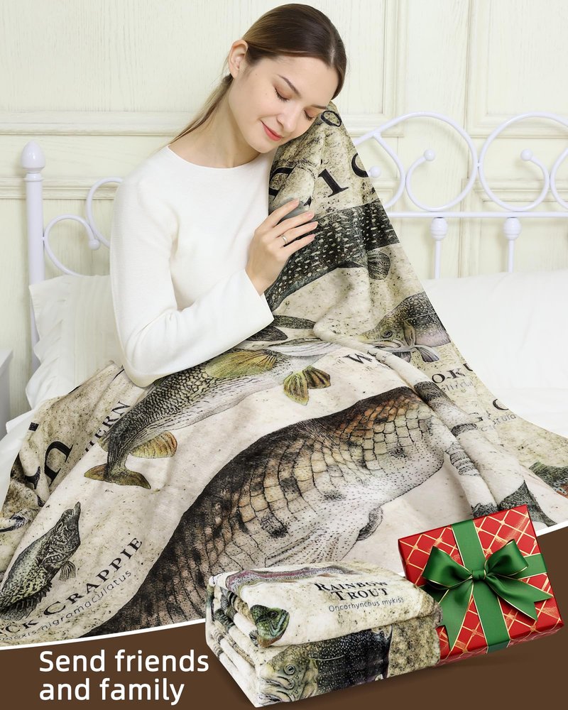 Zacruch Fishing Enthusiast Blanket – North America Sports Fish Design, Funny & Educational Knowledge Blanket, Ideal Bass Fishing Gift for Boys, Dads, Grandpas – Unique Outdoor Lover Present 50"x60"