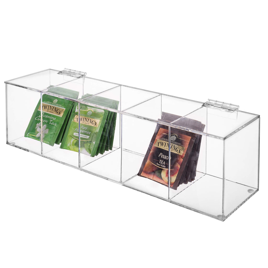 MyGift Acrylic Tea Bag Organizer Box with 5 Compartments and Hinged Lid, Drink Packet Storage Box, Kitchen Countertop Caddy Pantry for Assorted Teas and Condiments, Modern